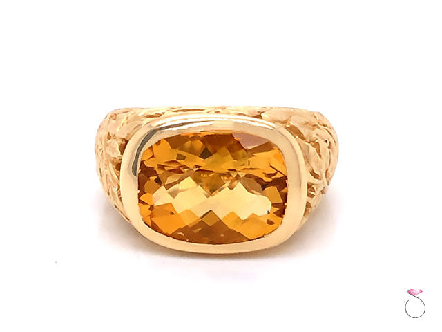 Citrine Cushion Cut Designer Ring with Leaf Motif