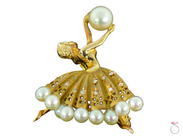 Vintage Ballerina Diamond & Akoya Pearl Brooch