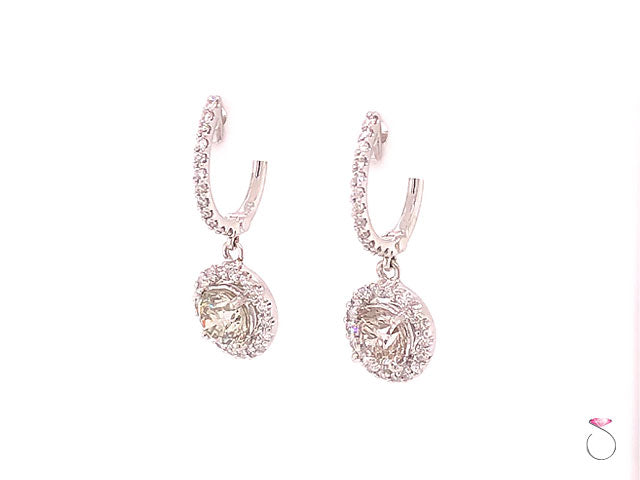 Diamond Halo Drop Dangling Earrings, 2.29 Carat Diamond Earrings 18K White Gold