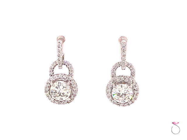 Diamond Halo Drop Dangling Earrings, 2.00 Carat Diamond Earrings 18K White Gold
