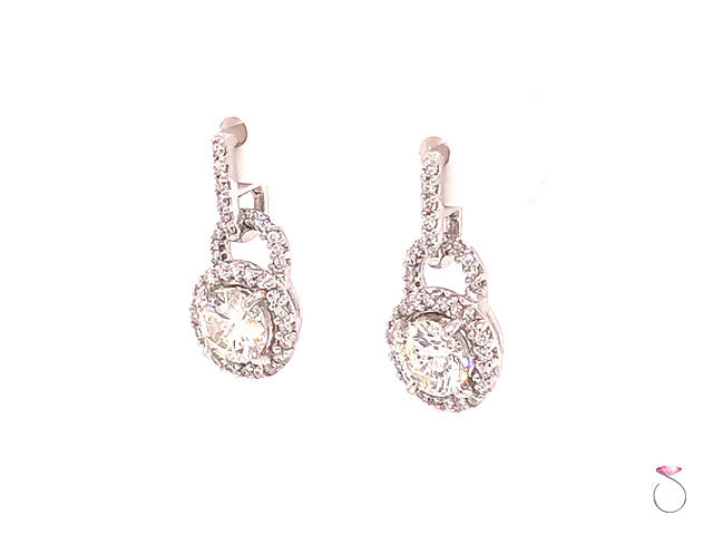 Diamond Halo Drop Dangling Earrings, 2.00 Carat Diamond Earrings 18K White Gold