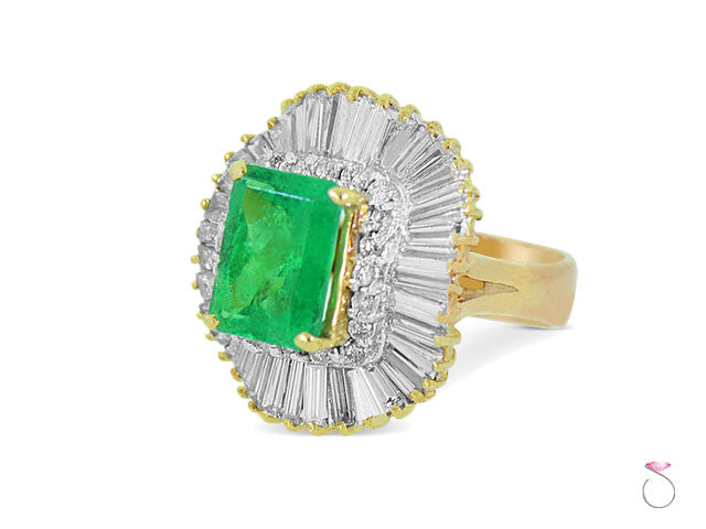 Emerald Diamond Halo Ballerina Estate Ring in 18K Yellow gold
