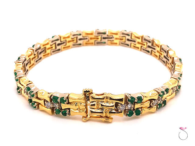 Vintage Emerald and Diamond Bamboo Design Bracelet 18k Yellow Gold