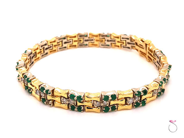 Vintage Emerald and Diamond Bamboo Design Bracelet 18k Yellow Gold