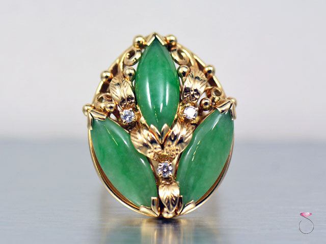 Ming's Hawaii Large 3 Stone Green Jade Diamond Ring