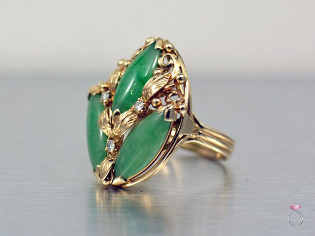 Ming's Hawaii Large 3 Stone Green Jade Diamond Ring