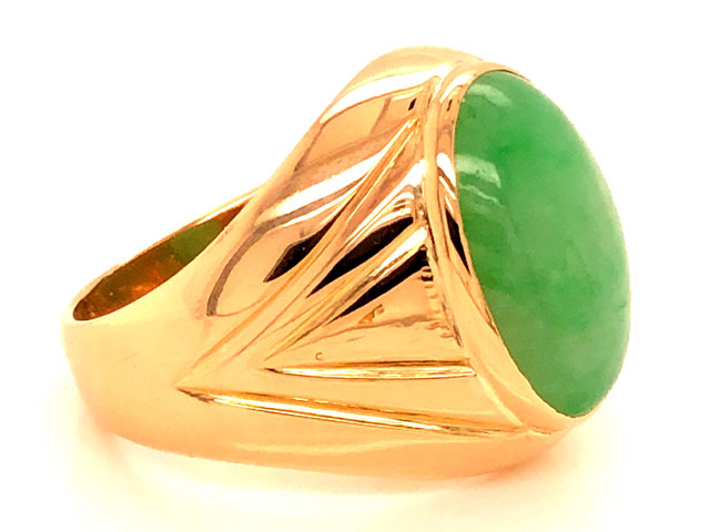 Oval Cabochon Green Jade Mens Pinky Ring -14k Yellow Gold