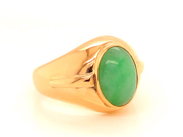 Green Jade Ring with Raised Design Element -14k Yellow Gold