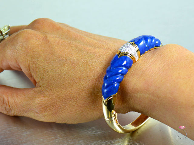Gorgeous Vintage Lapis Lazuli Diamond Bangle Bracelet in 14K Gold