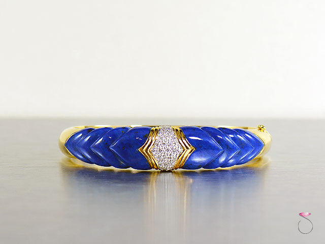 Vintage Lapis Lazuli Diamond Bangle Bracelet in 14K yellow Gold