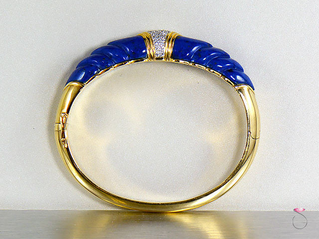 unique Vintage Lapis Lazuli Diamond Bangle Bracelet in 14K Gold