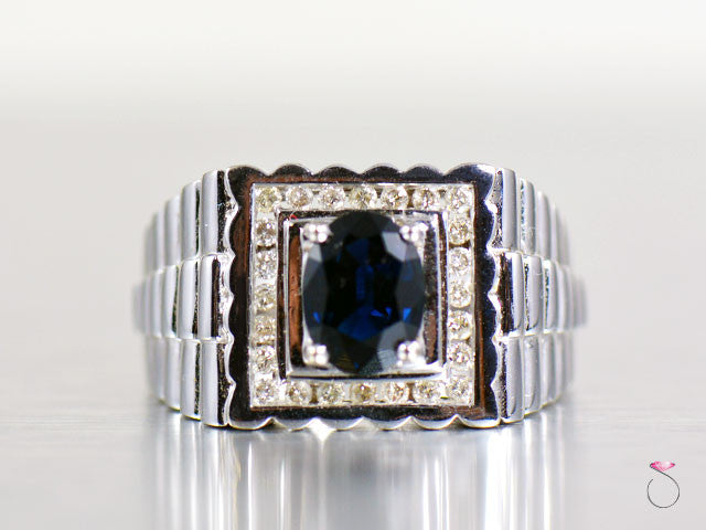 1.40 ct Blue Sapphire Diamond 14K White Gold Men Ring Band - Men rings Hawaii