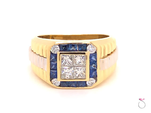 Engagement Rings, Mens Diamond and Sapphire Rolex styled 2 Tone Ring in 18k Yellow Gold