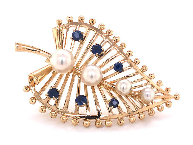 Mikimoto Pearl and Blue Sapphire Leaf Brooch in 14k Yellow Gold