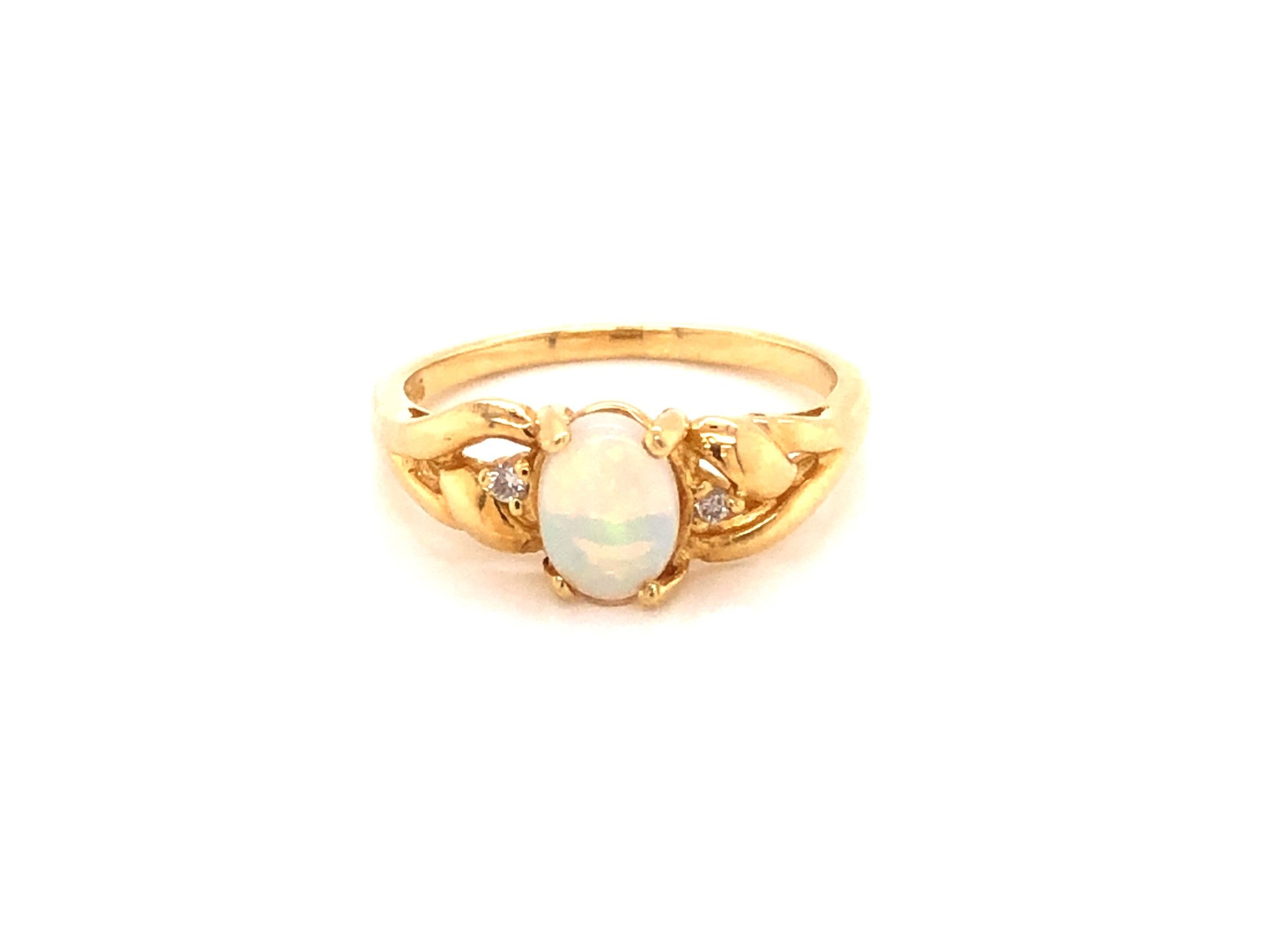 Oval Cabochon White Opal and Diamond Ring in 14k Yellow Gold