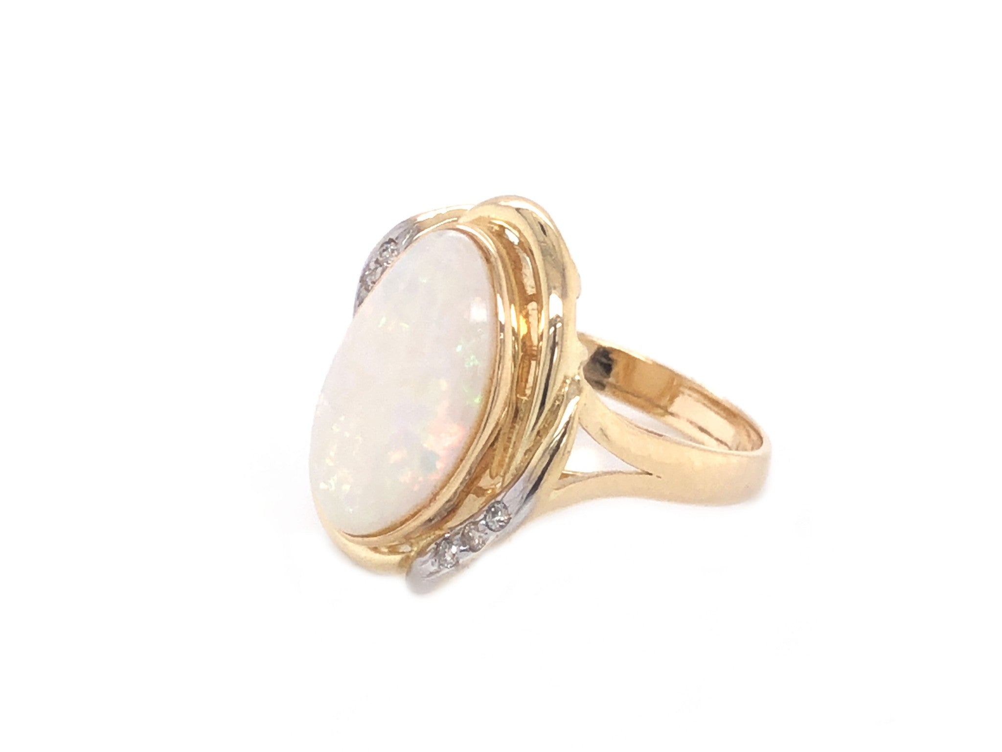 Oval White Opal & Diamond Split Shank Ring - 14k Yellow Gold