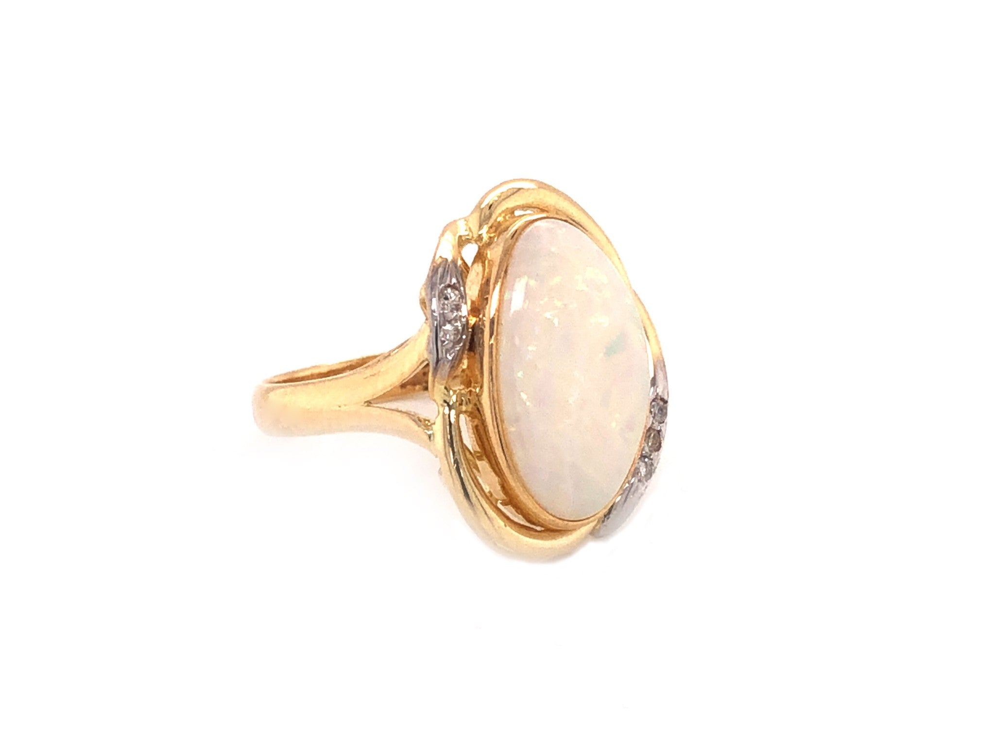 Oval White Opal & Diamond Split Shank Ring - 14k Yellow Gold