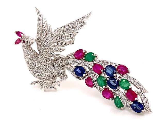 Peacock Diamond Ruby Sapphire & Emerald Brooch in 18k White Gold
