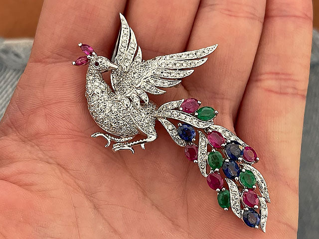 Peacock Diamond Ruby Sapphire & Emerald Brooch in 18k White Gold