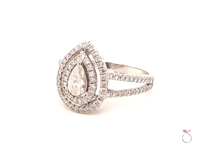 Pear Shape Diamond Engagement Double Halo Ring With Split Shank, 1.08 Carats