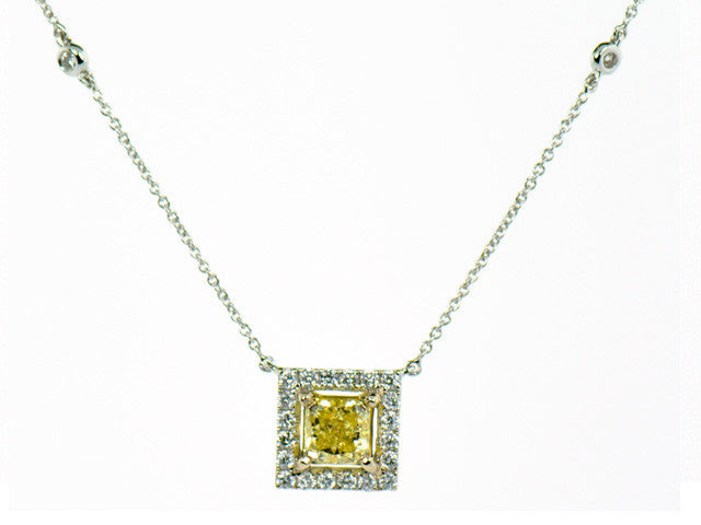 Fancy Intense Yellow Diamond Halo Necklace 1.64ctw in 18K