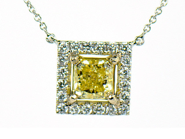 Fancy Intense Yellow Diamond Halo Necklace 1.64ctw in 18K