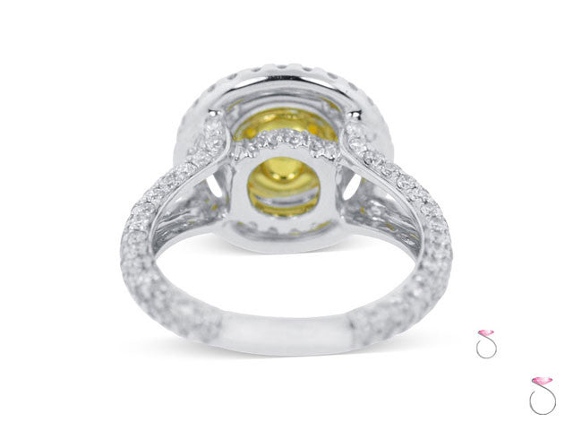 Fancy Intense Yellow Oval Cut Diamond, In 18K Diamond Double Halo Ring